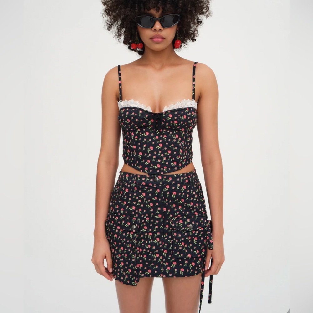 For Love And Lemons Camille Black Floral Denim Mini Skirt Size Small NWT